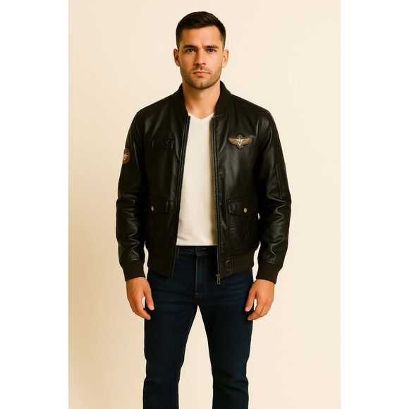 WenVen | Black Faux Leather Military Patch Bomber Jacket Size S | NWT - Picture 1 of 12